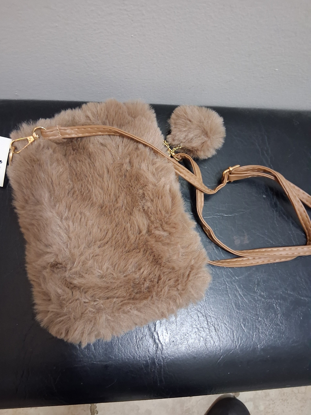 Faux Fur Crossbody Bag in Light Brown with Pom Pom